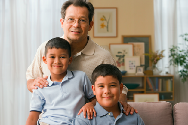 hombre y sus 2 hijos sonriendo a la camara