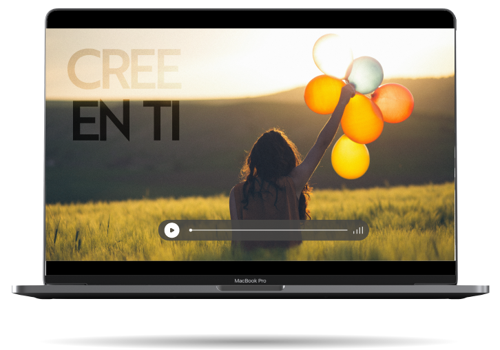 Laptop con imagen de mujer en el campo con globos