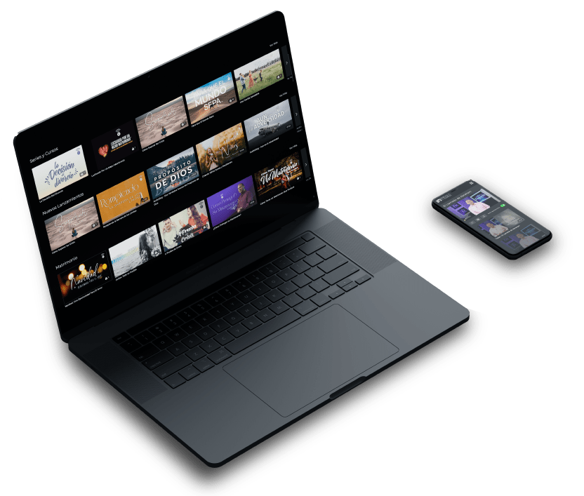 Laptop que muestra los diferentes cursos ofrecidos por Enfoque a la Familia y a la par un movíl con los mismo cursos