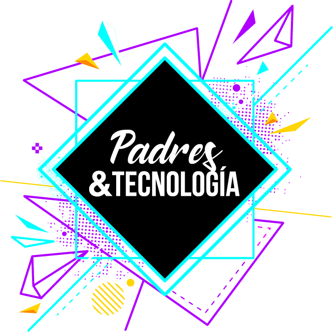 Logo del curso Padres & Tecnología donde hay varias figuras y lienas moradas celeste y amarillas alrededor del logo