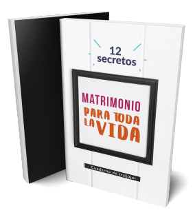 Portada de la serie 12 Secretos para un Matrimonio para toda la Vida, letras aparecen en un recuadro colgado en una pared