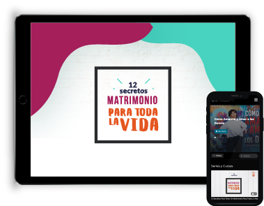 Ipad con la miniatura del curso 12 secretos con texturas moradas y turquesa claro en un fondo blanco y el logo del curso