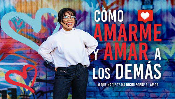 Miniatura del curso Como amarme y amar a los demas donde aparece una mujer feliz y una pared llena de grafitis de corazones