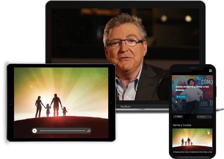 Laptop, Ipad y movil con miniatura de Proyeto Familia y Jim Daly Exponiendo