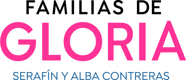 Logotipo del Audiolibro Familias de Gloria en colores rosados y azul