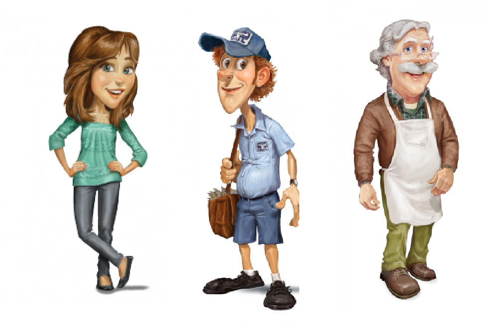 Personajes de Aventuras en Odisea, Mujer, cartero y Nombre mayor con bata