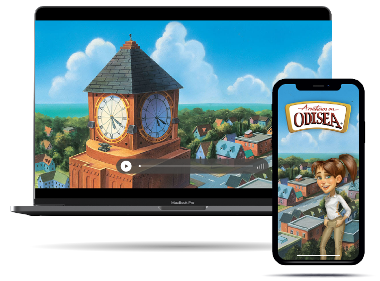 Laptop y movil con imagenes de Aventuras en Odisea