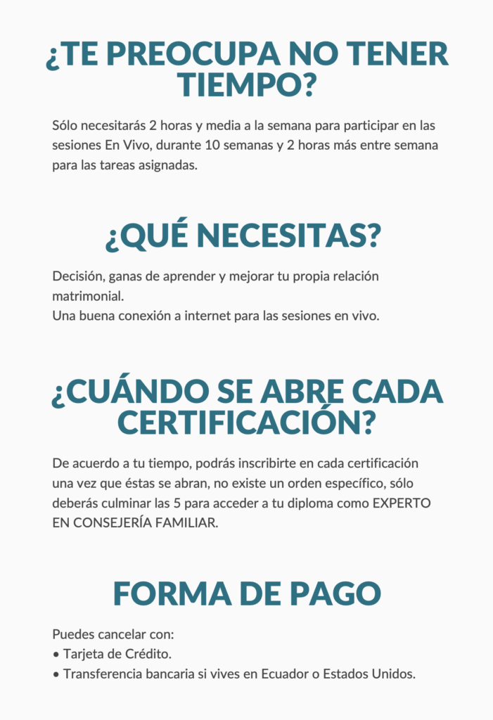 Especificaciones del programa Consejería Familiar - Ecuador