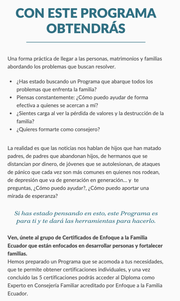 Especificaciones del programa Consejería Familiar - Ecuador