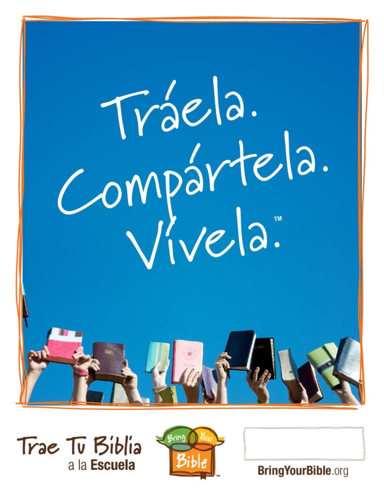 Cartel de Trae Tu Biblía a la Escuela. con la frase Tráela Compártela y Vívela